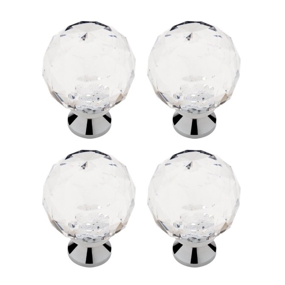 NWT Cabinet or Drawer Pulls Chrome & Clear Faceted Acrylic Knob Set of 4 Crystal - Picture 2 of 7